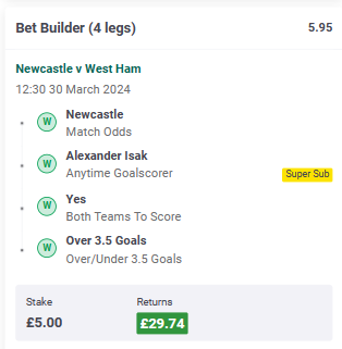 Newcastle United V West Ham United bets 4 fold