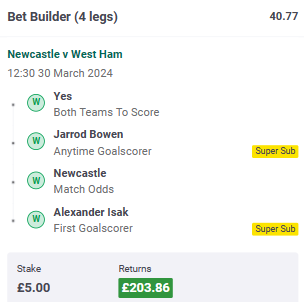 Newcastle United V West Ham United bets 40/1 shot